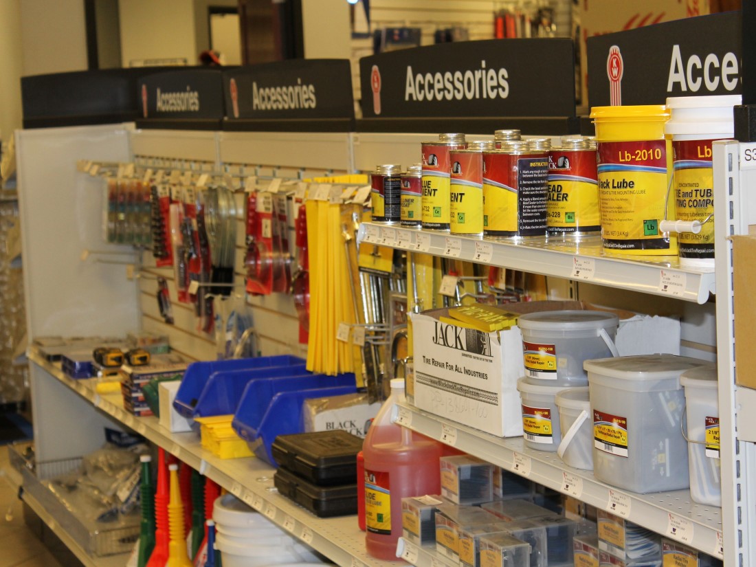 Shelves with products for trucks