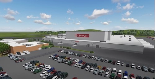 Kenworth building with trucks on the parking zone