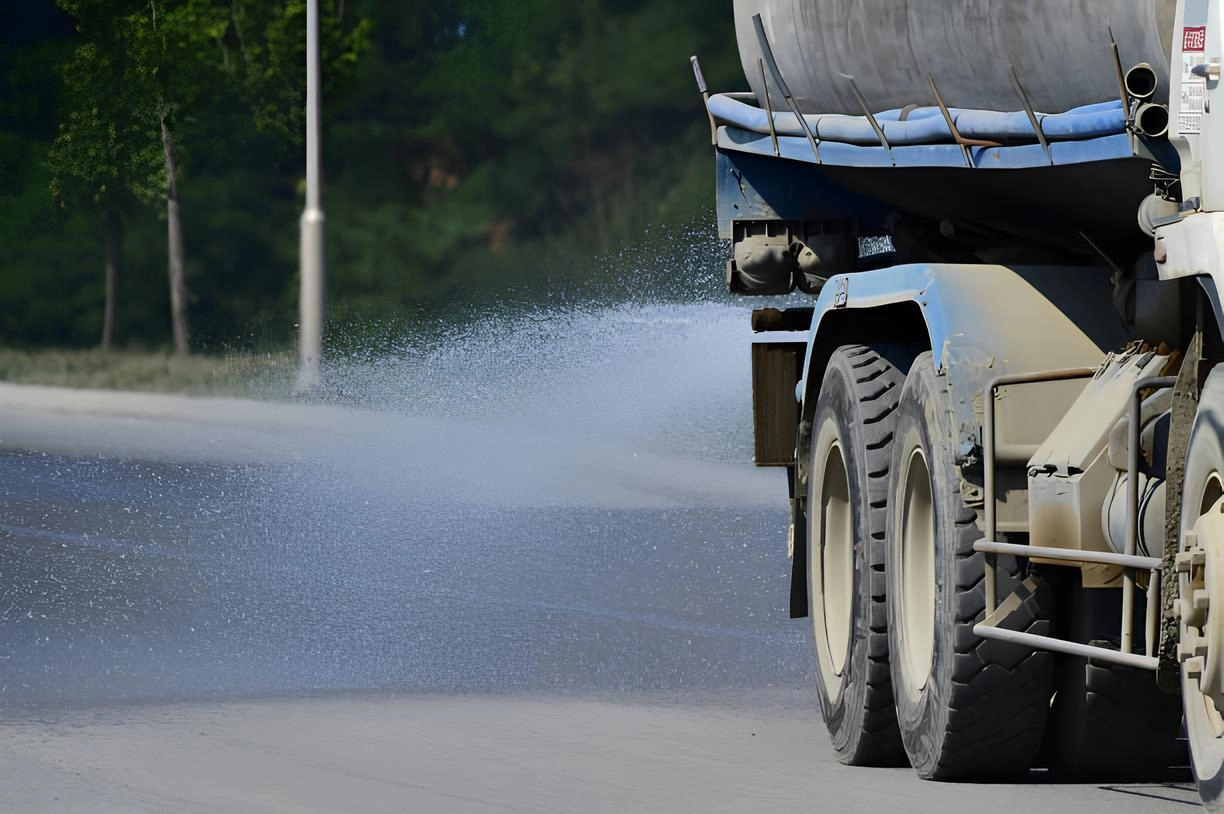 Rear of a white and blue water tanker truck spraying a wide fan of water across a paved road, with trees and a light pole in the background