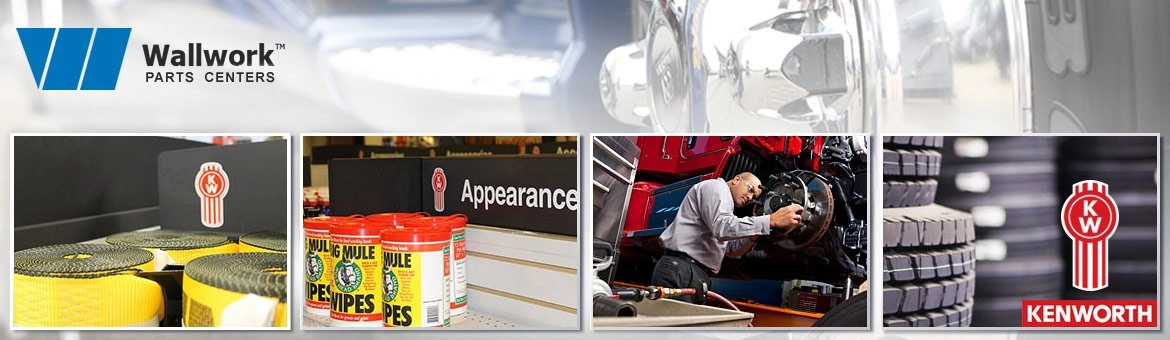 several images of kenworth parts, tires and person repairing truck