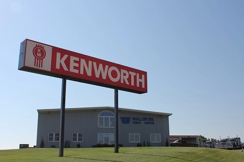 Kenworth logo on the billboard at the Wallwork Truck Center Minot entrance